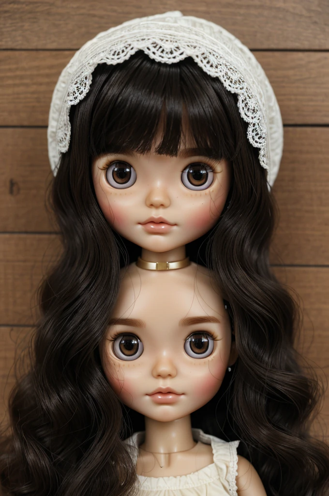 A blythe doll with wavy black hair without bangs, light brown eyes and white skin
