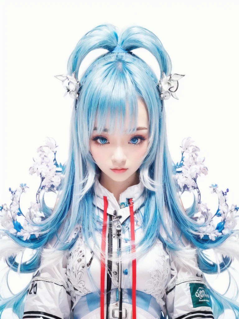 Create realistic image of Indonesia girl 25 years old with blue hair and blue eyes, very realistic and very detailed,