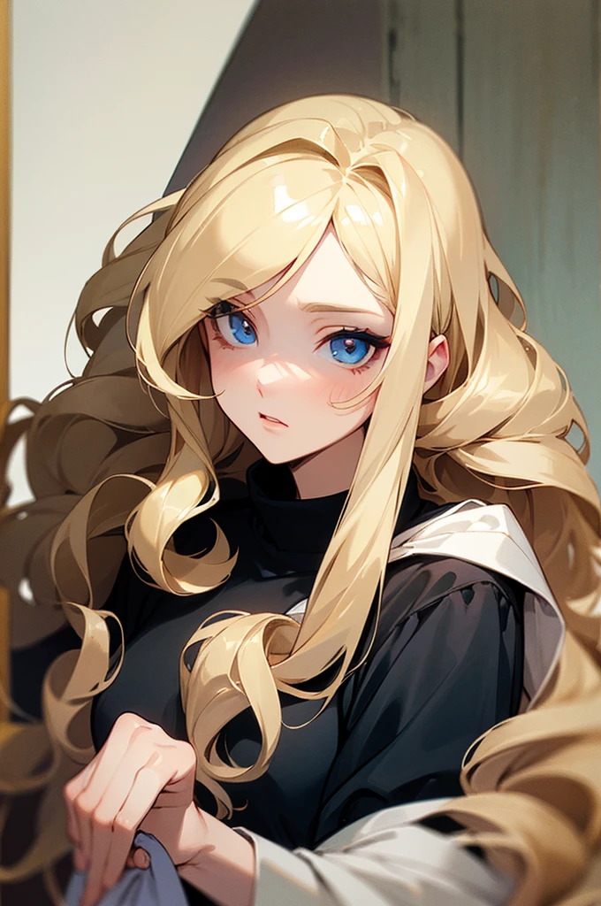 (masterpiece), best quality, expressive eyes, perfect face, blonde, femme, cold hearted, fem. soft colored clothing modern attire, mean, anime, mute, rotted personality, long wavy hair, adult, older woman, clean cut, idol, polished, very long and big hair, stunning,