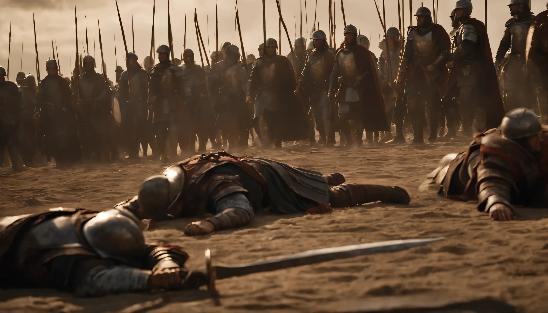 A scene of brave Roman soldiers lying on the battlefield., His defeated stance is a testament to his heroic bravery. This vivid image, perhaps a meticulously crafted painting, shows the moving consequences of a fierce battle. The battered armor of warriors, Stained with blood but shining in the soft sunlight., tells stories of their unwavering commitment and sacrifice. Fallen shields lie scattered, bearing the weight of his unbreakable defense. The artist's masterful skills highlight the smallest details., from the determined expressions etched on the warriors' faces to the intricate carvings on their worn weapons.. This fascinating work of art captures both the bravery of these fallen heroes and the unforgiving reality of war.., leaving viewers captivated by its simple but profound beauty.