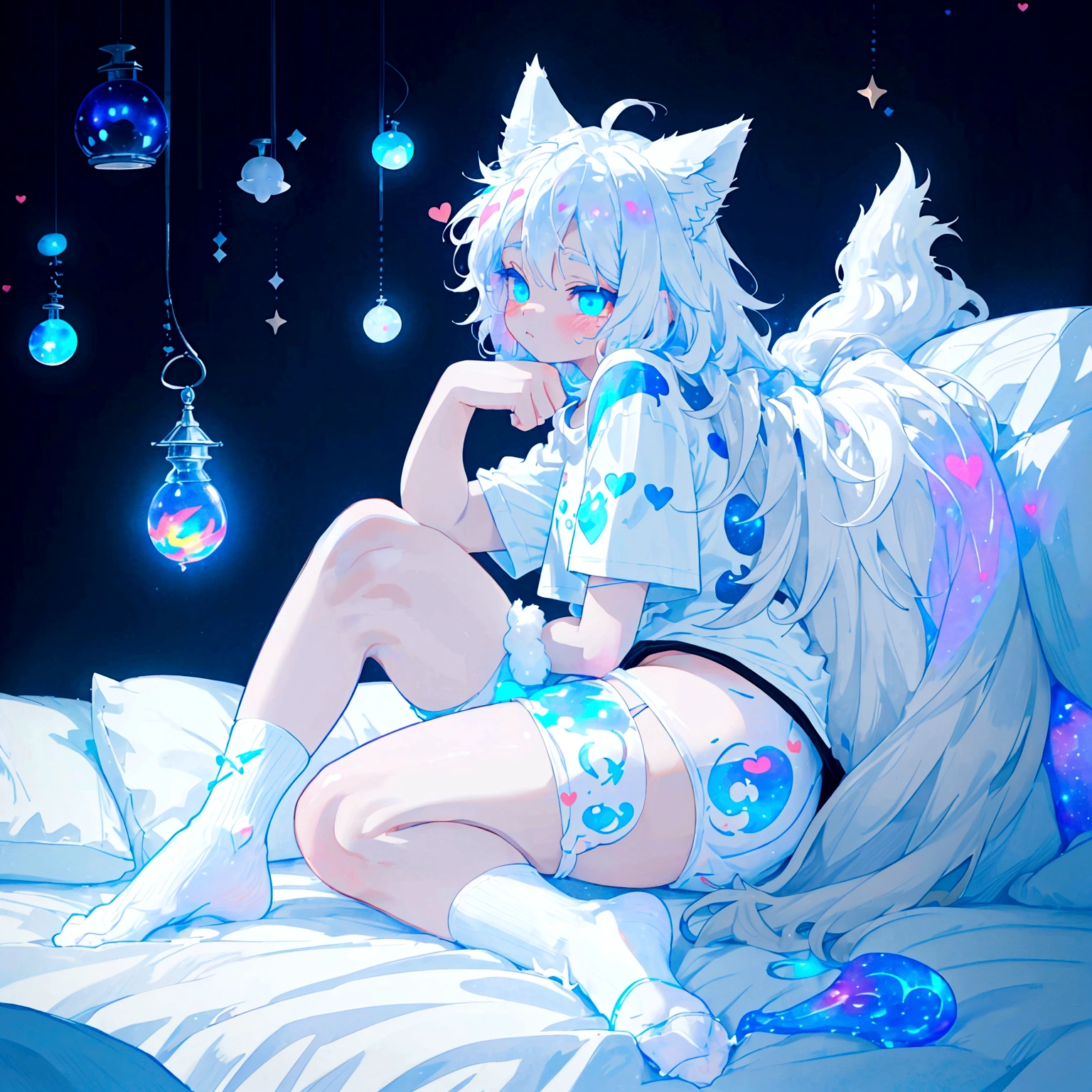 a cute adult male with wolf ears long white hair and a fluffy wolf tail, wearing bootyshorts and a tight t-shirt with a heart logo on it, has glowing blue eyes, is surrounded by dripping liquid galaxy rainbows, has very squishy thighs, wearing white thigh high socks, kawaii, on bed relaxing surrounded by plushies