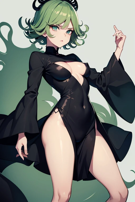 Tatsumaki is a 28 year old woman., Despite his youthful appearance, He has an energetic and slender body. His figure is quite small, with a thin body on top, but slightly thicker at the bottom. He has a flat chest, wide hips and big thighs, which gives it a very feminine appearance. Her hair is emerald and her eyes are also the same tone.. when he gets angry, her hair starts to shine brightly. She usually wears a tight black dress that highlights her curves and shows off her long legs.. Her legs are one of her most notable features., since they are long and elegant. In general, Tatsumaki has a powerful and attractive appearance that reflects his dominant personality..