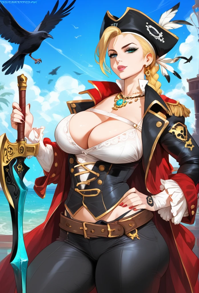 mixed_artstyle, 1 girl, hands, (best quality, 4K, Artwork :1.3), beautiful, hyper-realistic, ultra-detailed face, Detailed lips, detailed, Sealpunk, pirate, pirate woman, captain, crows, black long braid hair, Straight bangs, jewelry, half cyborg, blue crystal sword, clothes with crow feathers, stylized