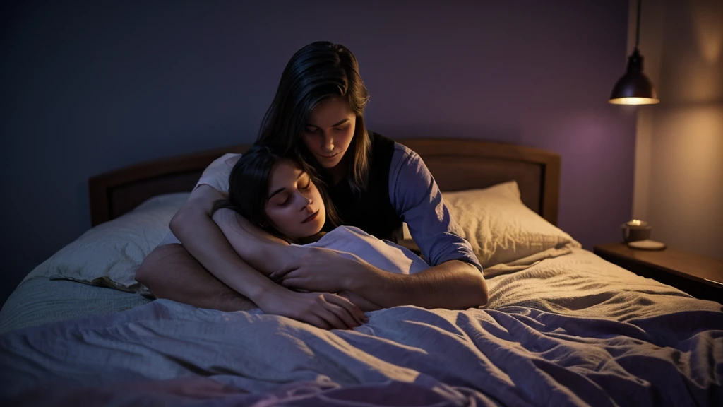 A young couple embracing in a dimly lit atmospheric bedroom setting, The lighting is soft and moody with hints of blue and purple hues, The couple s faces are partially obscured conveying a sense of intimacy and longing, The background is blurred creating a dreamlike introspective atmosphere, The overall aesthetic is romantic melancholic and sensual reflecting the emotional tone of the song, Style Cinematic atmospheric lush nocturnal introspective melancholic romantic sensual