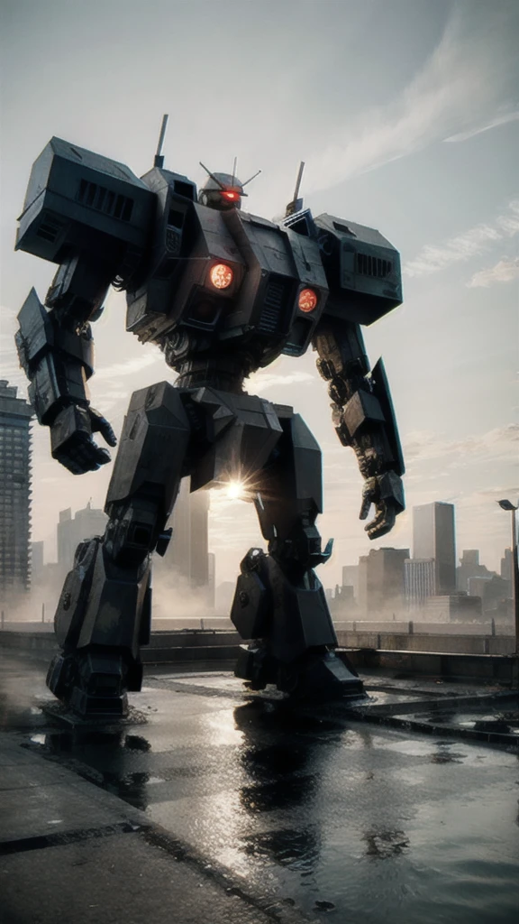 An imposing large mecha, on an abandoned bridge, in the background a post apocalyptic scene, 8k image, vfx effects, high detail, focused image, high level of detail, black with red, cinematic scene. Perspective view, fighting scene