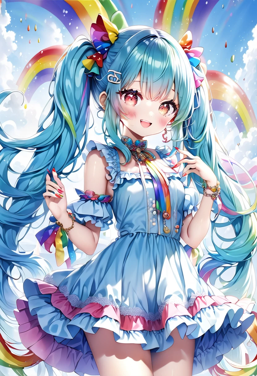 (full body:1.3), best quality, masterpiece, ultra detailed, detailed, hyper detailed, Light blue long hair、Cute beautiful girl with twin tails、long red claws、Show off your vibrant nails、Bright smile、Long rainbow nails