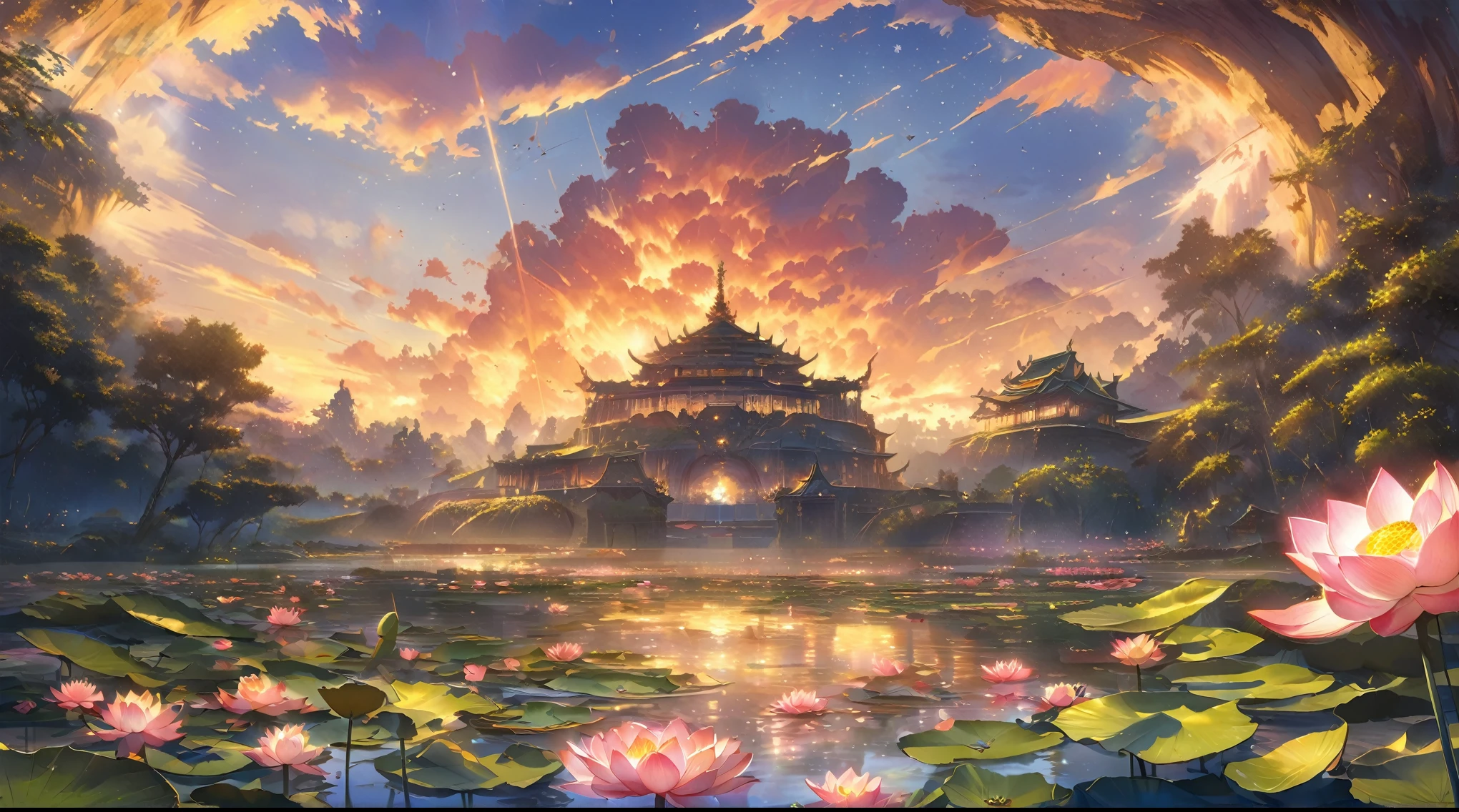 there is a painting of a sunset over a lake with flowers, background artwork, lotus pond, background art, radiating golden light, ethereal background, golden hour background, lotus, anime beautiful peace scene, magnificent background, light kingdom backdrop, by Yang J, concept art magical highlight, light bloom sunlight, anime background art, stunning arcanum backdrop