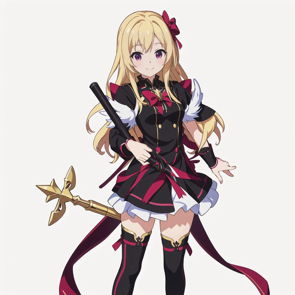 Highest quality, high resolution, High quality anime art style, Official Art, Smooth anime CG art, Stylized anime, Cute 3D anime girl render, Visual Novel Sprites, White background, whole body, Anime-style 3D, Smooth anime CG art, humanoid woman, JRPG Characters, Magical Girl Style, Anime woman in a black dress with maroon ribbon, Blonde, Long Hair, smile, In his right hand he holds a staff decorated with white feathers, Small Bust, Small breasts, 15 years old,