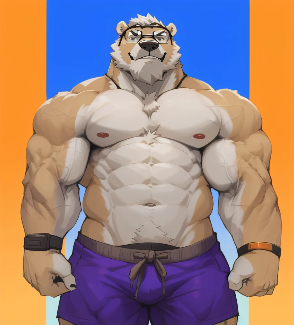 solo, 1boy, Huge Muscular White Polar Bear wearing glasses, huge white fur, pectoral, huge pectoral, wide pectoral, short white hair, blue colored short pants, blue colored wristbands and shirtless and topless, white bearded, white Mustache, white fur, simple background, masterpiece, high detailed, 8k, high resolution, at the gym, flexes huge muscles