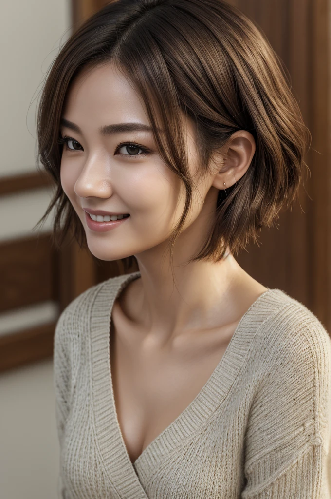 (masterpiece:1.3), (8k, photorealistic, raw photography, Superior image quality: 1.4), Japanese high school girls、(Random hairstyles:1.2)、chest neckline:1.2、Super detailed face、eye of detail、double eyelid、Gather your chest、sharp focus:1.2、Pretty Woman:1.4、light brown hair、premium、masterpiece、超High resolution、(photorealistic:1.4)、Professional and highly detailed lighting smile.、Loose and light knitwear、shoulder out、slender、serious facial expression、with short hair、fatal position