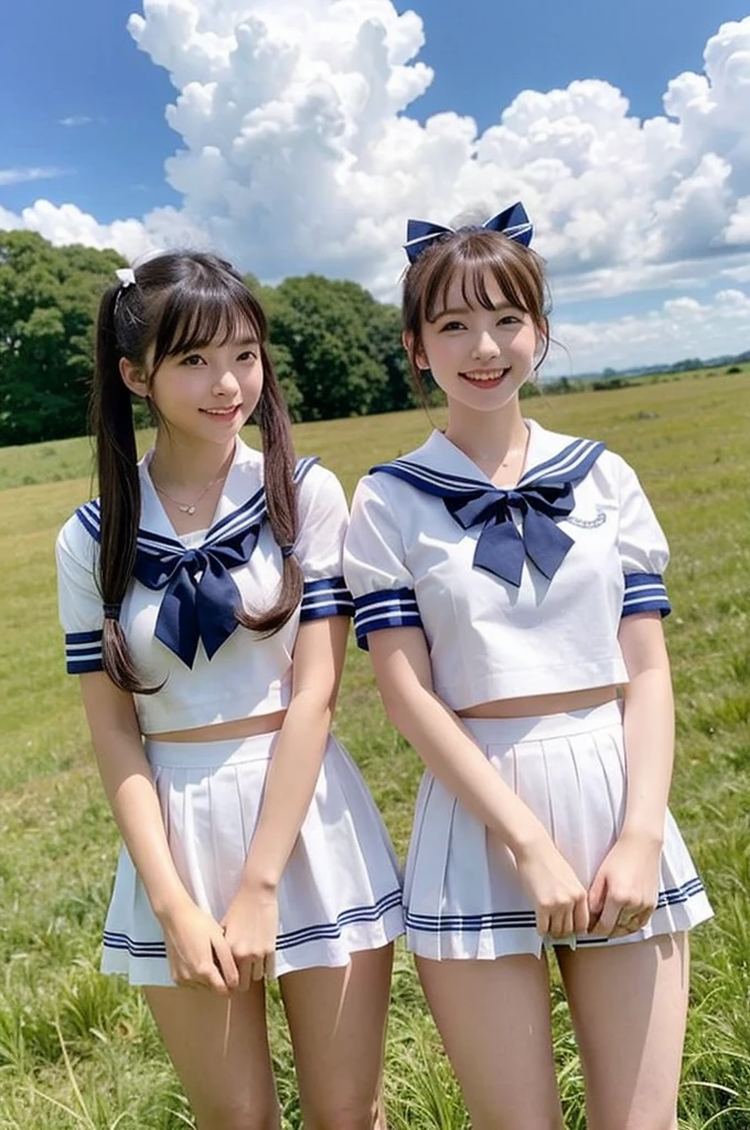2 girls standing in rural field,cumulonimbus cloud in summer blue sky,white sailor shirt with red bow tie,white panties with navy blue frills,18-year-old,bangs,a little smile,thighs,knees,short hair with low pigtails bunches,from below,front light