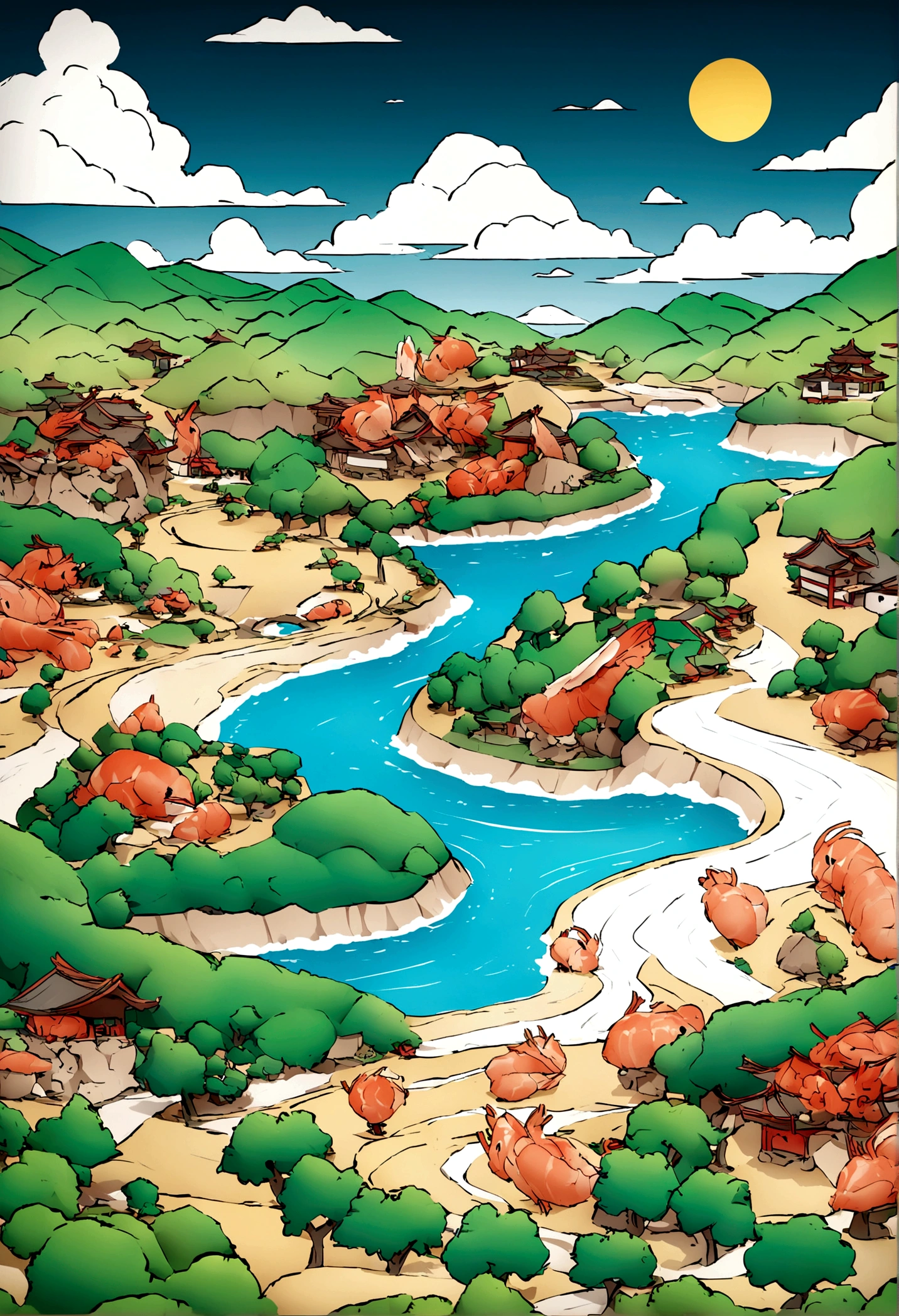 "Create a 3D-style image featuring a creative and appetizing scene with elements of rice noodles, shredded chicken, and shrimp. Design the setting so that the rice noodles form a winding river, the shredded chicken appears as small islands or cliffs along the riverbanks, and the shrimp are scattered throughout, adding vibrancy and color. Ensure the overall image is visually appealing and mouthwatering, making the food look delicious and inviting."