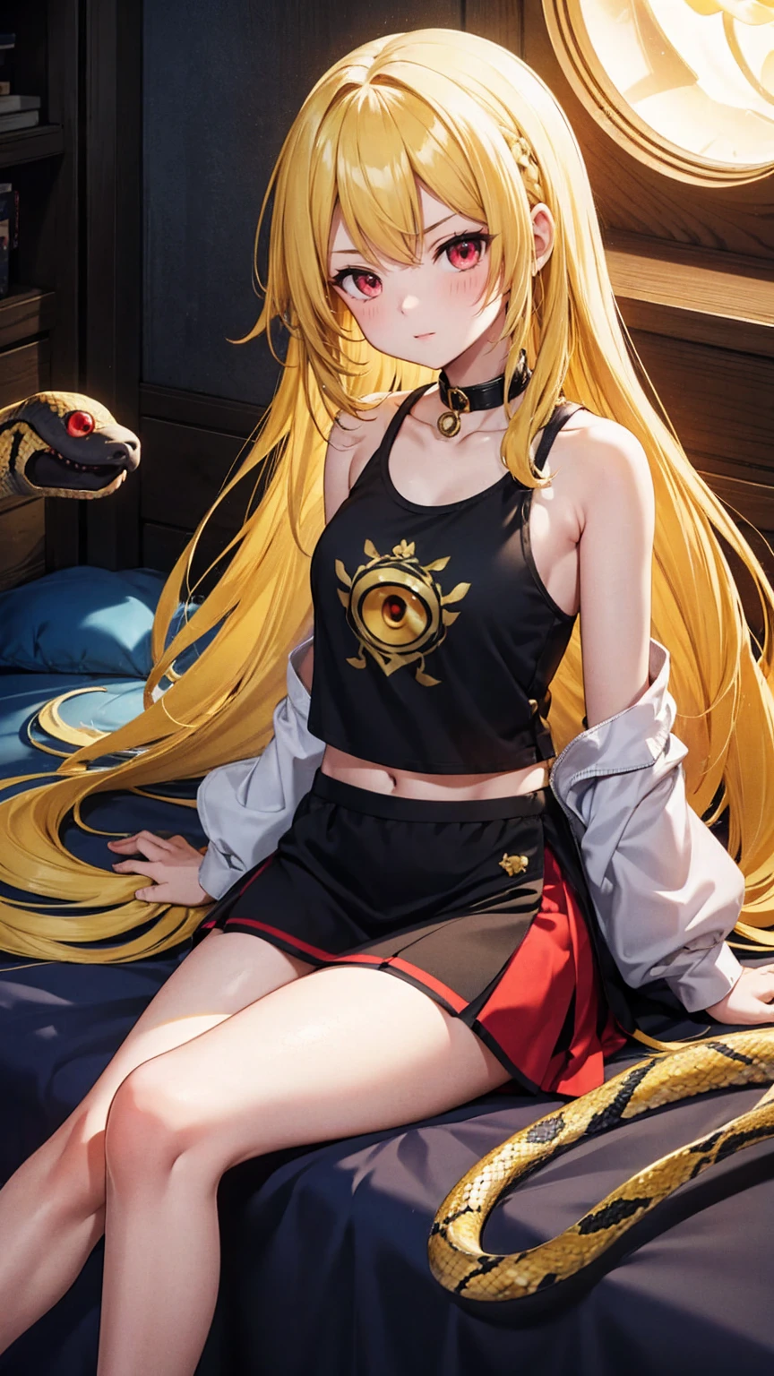 ****************、Tank top、mini skirt、Yellow Hair、Fluffy long hair、Red eyes、Snake's Eye