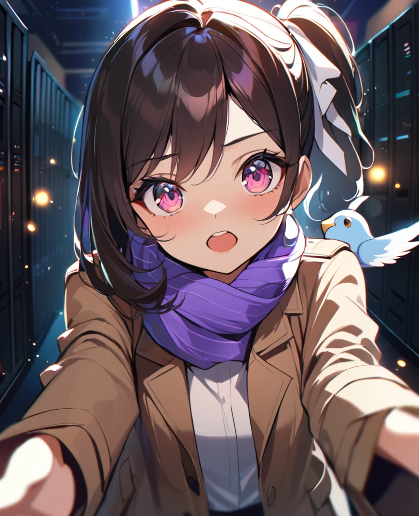 1 Girl, In the rainbow space, Gorgeous, (Brown side ponytail, Colored eyes, White Ribbon) ager, Monica, data center, Monica from Doki Doki Literature Club, Open your mouth, Reaching out to a bird, date, Face Focus, masterpiece, best quality, firefly, Light Particles, Solitary, Pixif, Depth of Field, Composition, Optimal lighting,scarf,Trench coat,impactful feeling,crazy,Eyes wide open