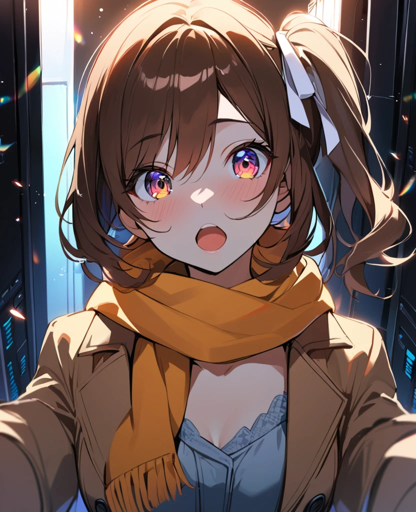 1 Girl, In the rainbow space, Gorgeous, (Brown side ponytail, Colored eyes, White Ribbon) teenager, Monica, data center, Monica from Doki Doki Literature Club, Open your mouth, Reaching out to a bird, date, Face Focus, masterpiece, best quality, firefly, Light Particles, Solitary, Pixif, Depth of Field, Composition, Optimal lighting,scarf，Trench coat，impactful feeling，crazy，Eyes wide open