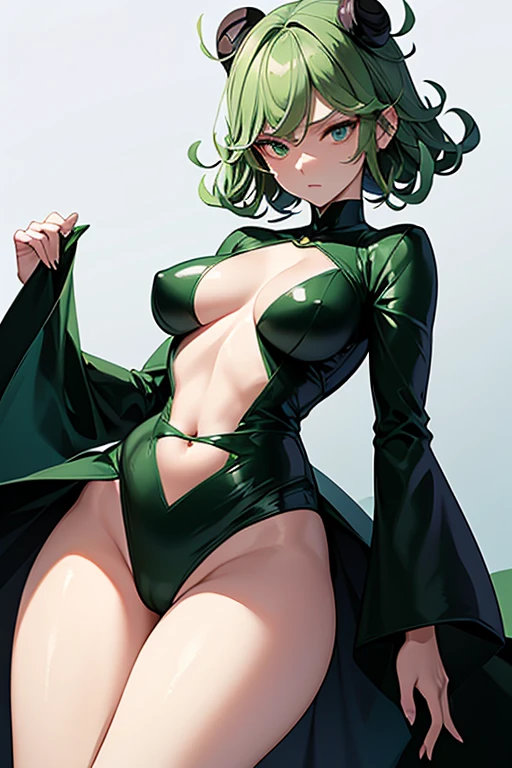 Tatsumaki is a 28 year old woman., Despite his youthful appearance, He has an energetic and slender body. His figure is quite small, with a thin body on top, but slightly thicker at the bottom. He has a flat chest, wide hips and big thighs, which gives it a very feminine appearance. Her hair is emerald and her eyes are also the same tone.. when he gets angry, her hair starts to shine brightly. She usually wears a tight black dress that highlights her curves and shows off her long legs.. Her legs are one of her most notable features., since they are long and elegant. In general, Tatsumaki has a powerful and attractive appearance that reflects his dominant personality..