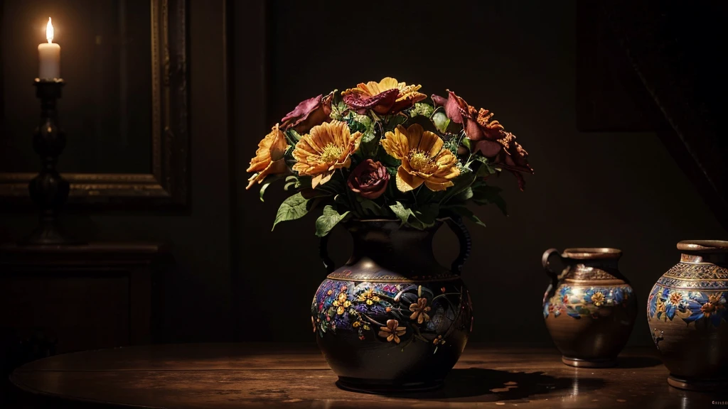 A detailed still life painting of a dark ceramic flower vase filled with vibrant flowers, ornate patterns, dramatic lighting, rich colors, intricate textures, and a sense of depth and atmosphere, masterpiece, photorealistic, 8k, extremely detailed, studio lighting, vivid colors, chiaroscuro, elegant, moody, cinematic