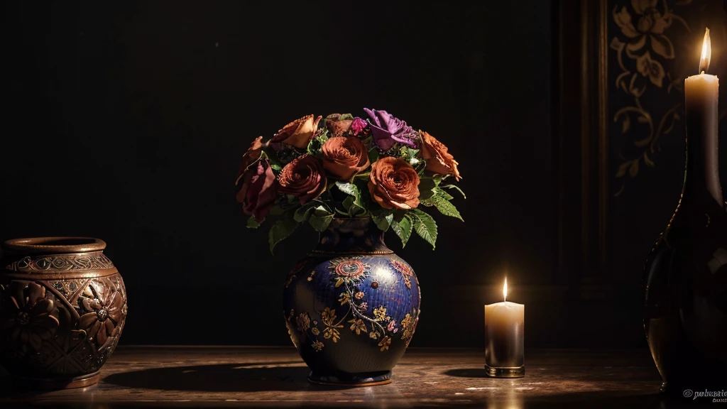 A detailed still life painting of a dark ceramic flower vase filled with vibrant flowers, ornate patterns, dramatic lighting, rich colors, intricate textures, and a sense of depth and atmosphere, masterpiece, photorealistic, 8k, extremely detailed, studio lighting, vivid colors, chiaroscuro, elegant, moody, cinematic