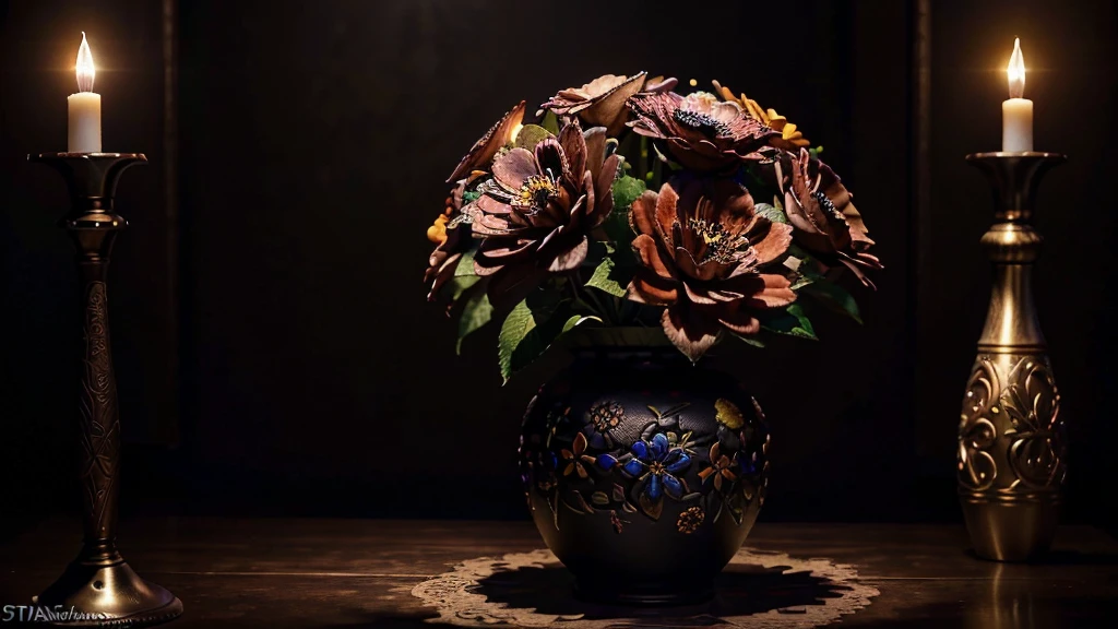 A detailed still life painting of a dark ceramic flower vase filled with vibrant flowers, ornate patterns, dramatic lighting, rich colors, intricate textures, and a sense of depth and atmosphere, masterpiece, photorealistic, 8k, extremely detailed, studio lighting, vivid colors, chiaroscuro, elegant, moody, cinematic