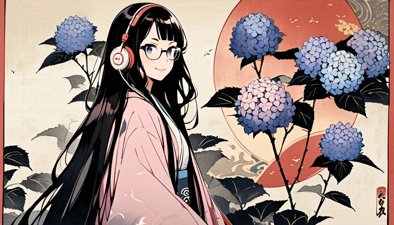 Highest quality, Katsushika Hokusai, Ink Painting, (((very straight longhair))), (((hydrangea))), (((Pale pink haori))), (((Glasses))), headphone, beautiful girl, Black Hair, Delicate and precise, Modern ukiyo-e style, smile