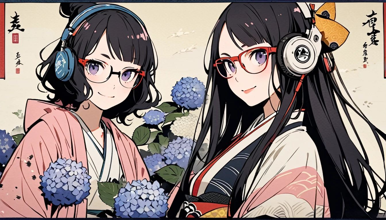 Highest quality, Katsushika Hokusai, Ink Painting, (((very straight longhair))), (((hydrangea))), (((Pale pink haori))), (((Glasses))), headphone, beautiful girl, Black Hair, Delicate and precise, Modern ukiyo-e style, smile