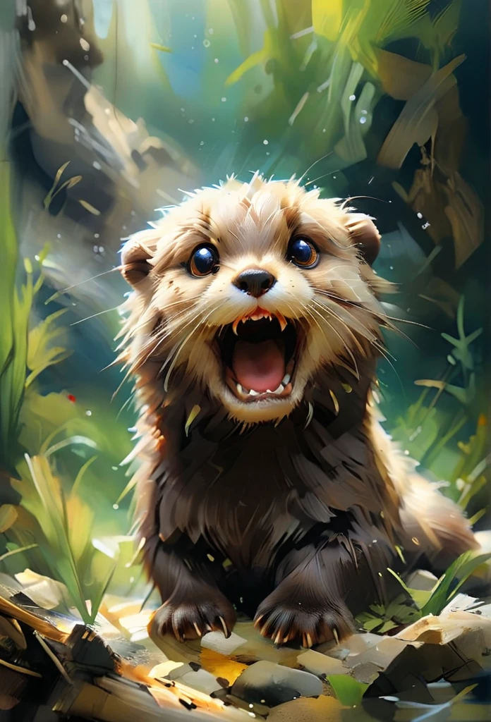 a painting of an otter with its mouth open, popular on art station, laughter and screaming face, the artist has used bright, by Peter Rockwell, digital photo, exaggerated expression, close to the camera, cheerful, whiskers, smiling at the viewer, by Suzy Rice, watercolor, oil and watercolor painting