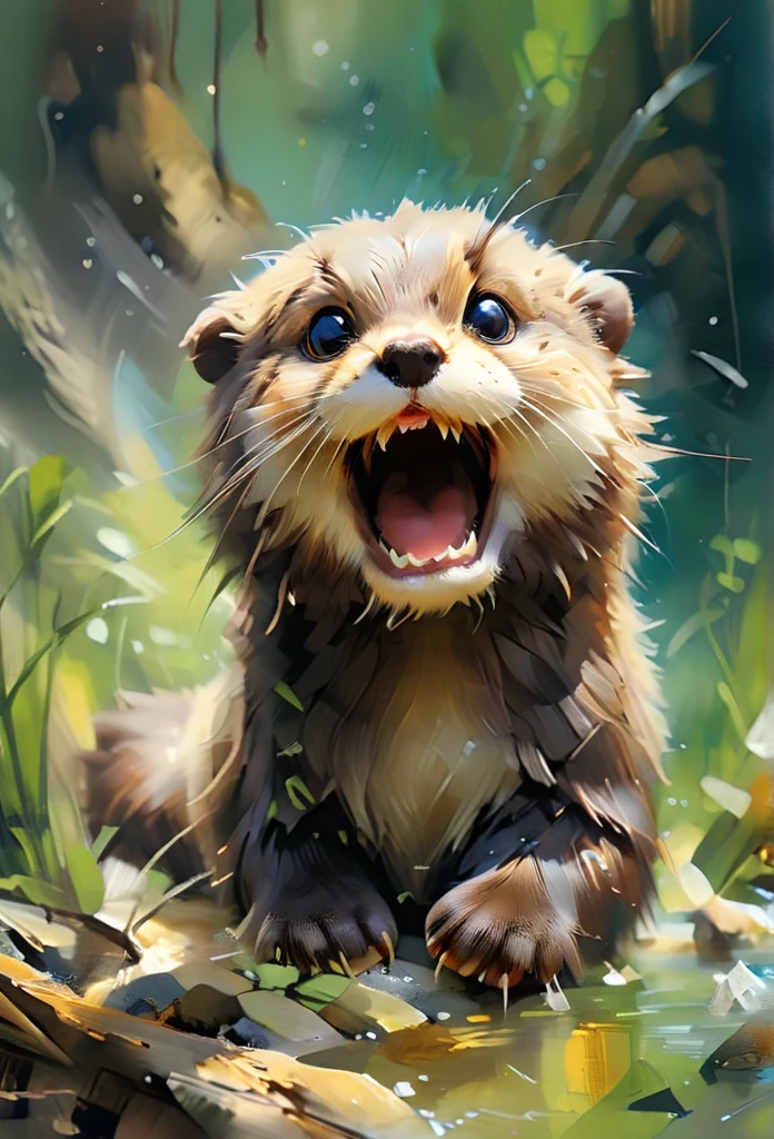a painting of an otter with its mouth open, popular on art station, laughter and screaming face, the artist has used bright, by Peter Rockwell, digital photo, exaggerated expression, close to the camera, cheerful, whiskers, smiling at the viewer, by Suzy Rice, watercolor, oil and watercolor painting
