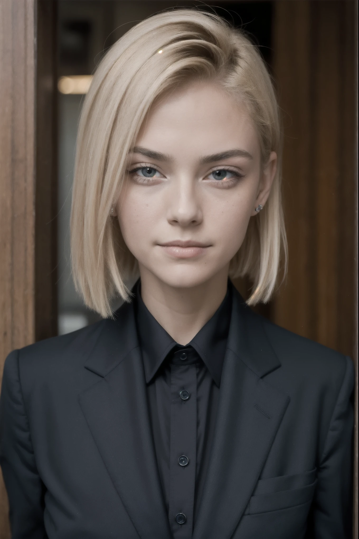 portrait of european 1girlsolo, 10yo, beautiful face, upper body, hair over one eye, medium sidecut, blonde hair, sharp focus,black business suit