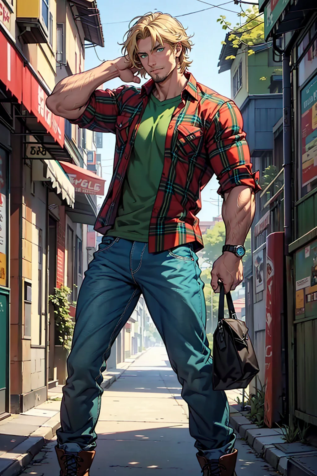 He's a caucasian male that stands at 6'1"ft, 180lbs.
Has a medium build with a bit of muscle, shaggy blonde hair, emerald blue green eyes, a bit of stubble.
And mostly dresses up in casual attire, red or blue plaid shirt, baggy jeans, old work boots.