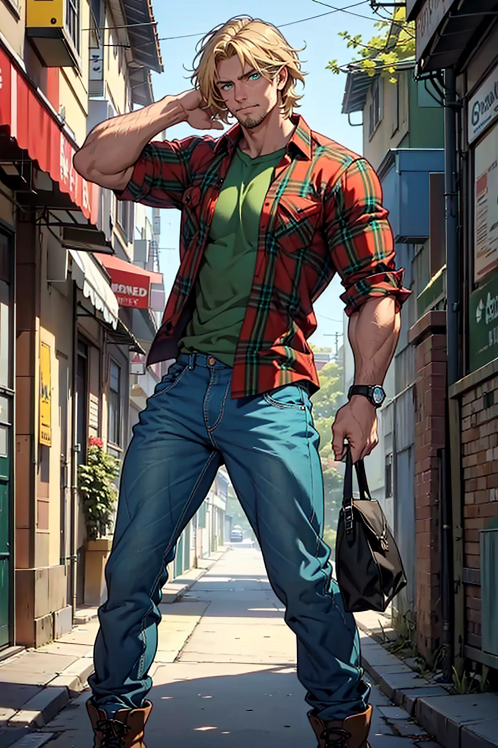 

He's a caucasian male that stands at 6'1"ft, 180lbs.

Has a medium build with a bit of muscle, shaggy blonde hair, emerald blue green eyes, a bit of stubble.

And mostly dresses up in casual attire, red or blue plaid shirt, baggy jeans, old work boots.