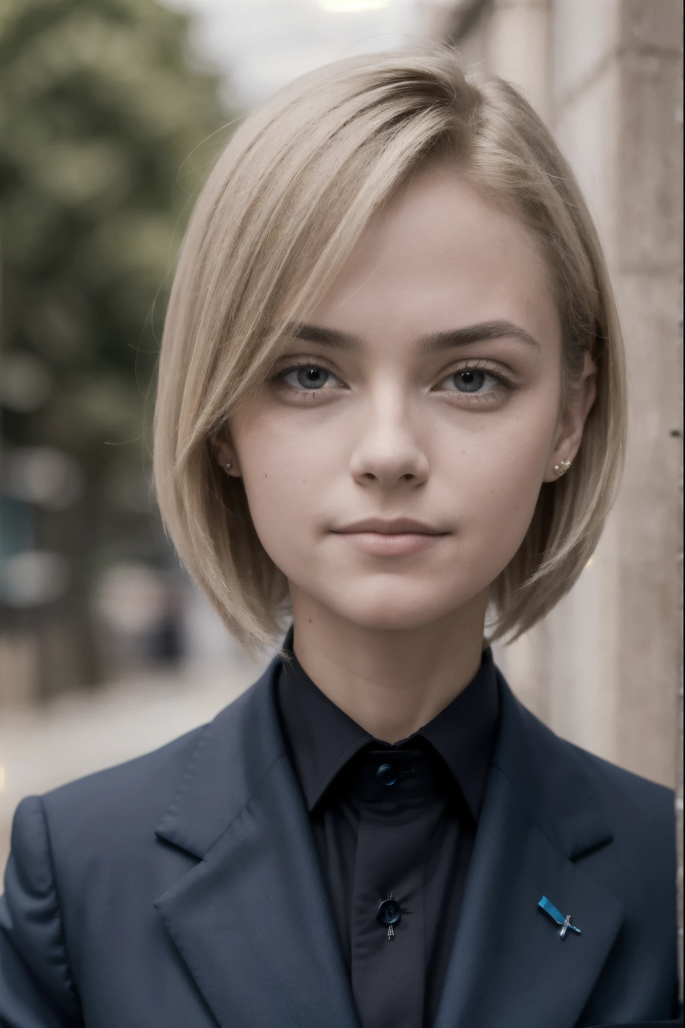 portrait of european 1girlsolo, 10yo, beautiful face, upper body, hair over one eye, medium sidecut, blonde hair, sharp focus,black business suit