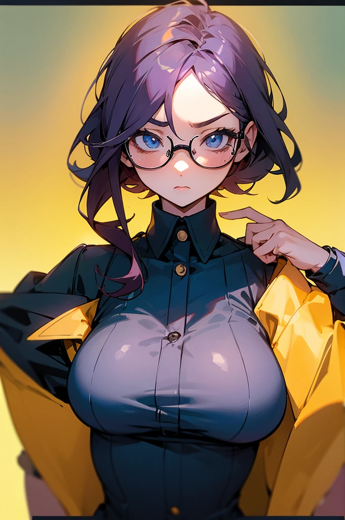 busty anime girl who looks like an assistant to someone, underling, weak, clumsy, geeky, learning, basic looking
