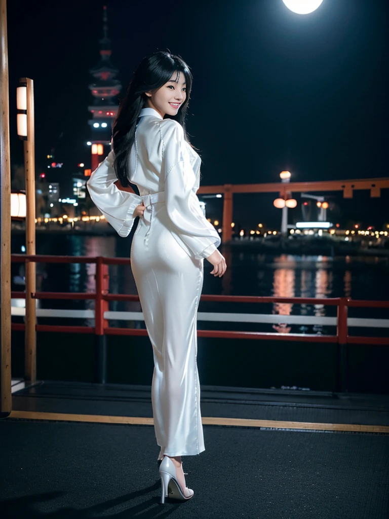 ((beautiful japanese girl:1.5)), alone, ((whole body:1.3)) ((SMILE:1.3)), high, slim, (Genuine leather texture:1.3), with black hair, loose that cascades over her back long legs, sandalias con trenzas highs por encima de la rodilla hasta el muslo, high heel white, (((transparent satin silk jacket: 1,5))), long gala dress, with 1 leg exposed, White, tight, accentuating the curves of your body, athletic, attractive and sexy with perfect anatomy, elegant, moda elegant, tokyo city, night atmosphere, with the moon and stars shining in the sky, (photorealistic:1.4),photo and gross, (film grain:1.3)