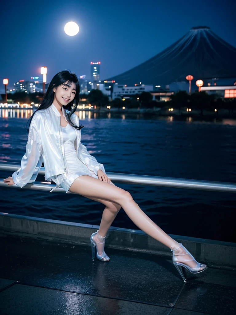 ((beautiful japanese girl:1.5)), alone, ((whole body:1.3)) ((SMILE:1.3)), high, slim, (Genuine leather texture:1.3), with black hair, loose that cascades over her back long legs, sandalias con trenzas highs por encima de la rodilla hasta el muslo, high heel white, (((transparent satin silk jacket: 1,5))), long gala dress, with 1 leg exposed, White, tight, accentuating the curves of your body, athletic, attractive and sexy with perfect anatomy, elegant, moda elegant, tokyo city, night atmosphere, with the moon and stars shining in the sky, (photorealistic:1.4),photo and gross, (film grain:1.3)