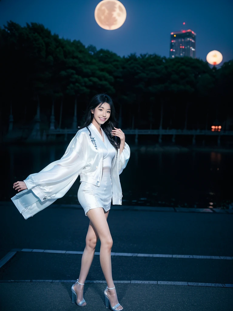 ((beautiful japanese girl:1.5)), alone, ((whole body:1.3)) ((SMILE:1.3)), high, slim, (Genuine leather texture:1.3), with black hair, loose that cascades over her back long legs, sandalias con trenzas highs por encima de la rodilla hasta el muslo, high heel white, (((transparent satin silk jacket: 1,5))), long gala dress, with 1 leg exposed, White, tight, accentuating the curves of your body, athletic, attractive and sexy with perfect anatomy, elegant, moda elegant, tokyo city, night atmosphere, with the moon and stars shining in the sky, (photorealistic:1.4),photo and gross, (film grain:1.3)