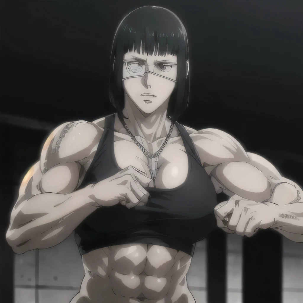 (best quality,ultra-detailed,realistic:1.37),musclaur badass girl with sculpted body have a tattoos ,full review of the female character face and body, intense expression, strong and confident posture, studio lighting, vivid colors, physiologically-based rendering, grungy texture, rugged background, dust particles in the air, commanding presence, professional, powerful, gritty aesthetics,Valmet،short hair,necklace,eyepatch,handsome look,gym,Body lifting,Valmet prime muscles,fighting pose,wearing black sport tank top and black gym short,Shining muscles,veins in muscles,1girl,six-pack,arena training,perfect muscles,1girl,boxing stand pose