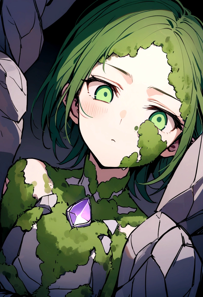 gentle stone golem, square face, green eyes, moss on body