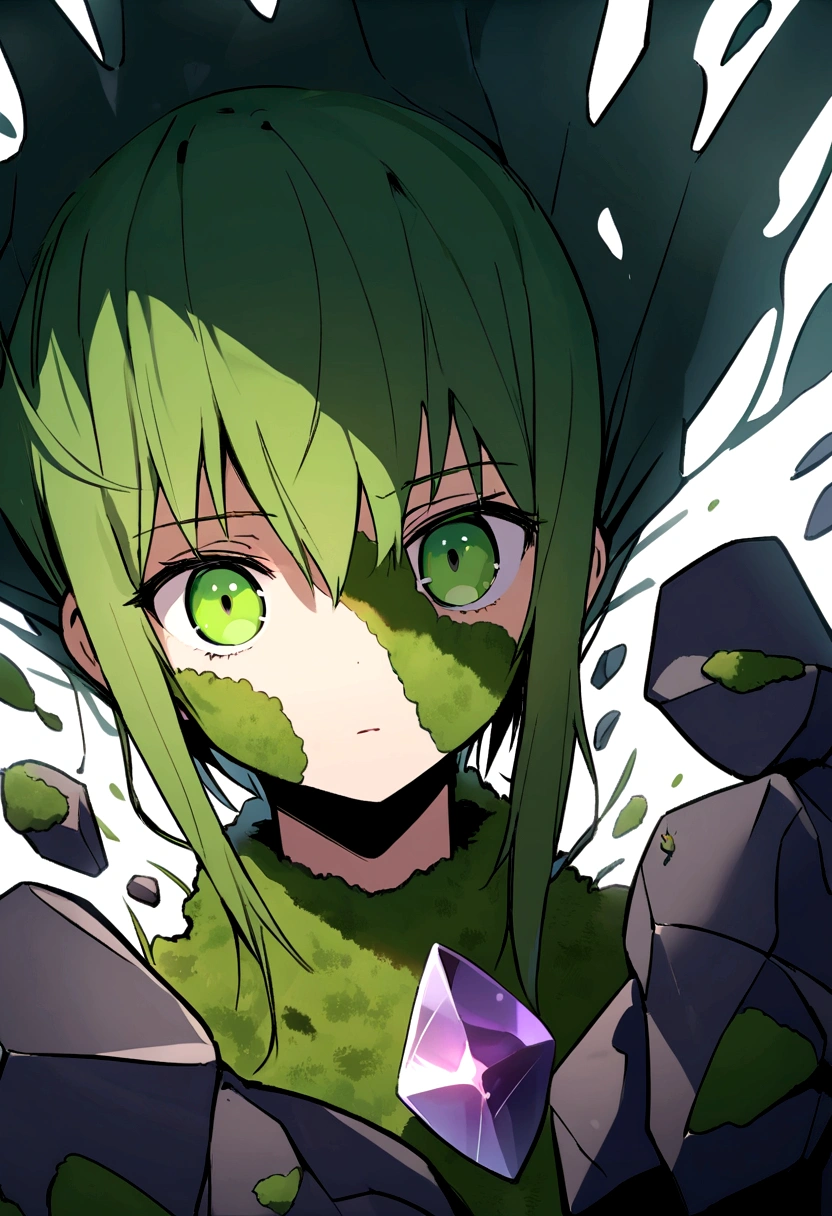 gentle stone golem, square face, green eyes, moss on body