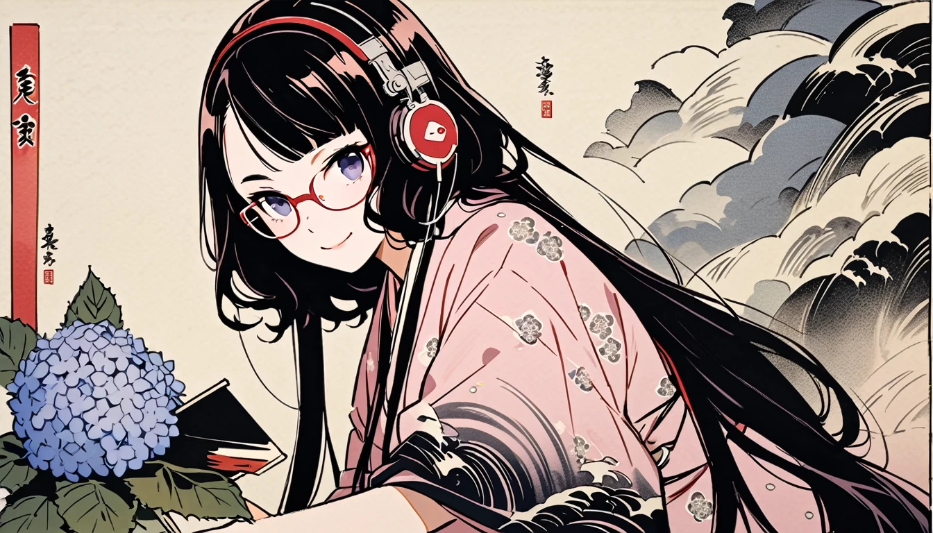 Highest quality, Katsushika Hokusai, Ink Painting, (((very straight longhair))), (((hydrangea))), (((Pale pink yukata))), (((Glasses))), headphone, beautiful girl, Black Hair, Delicate and precise, Modern ukiyo-e style, smile