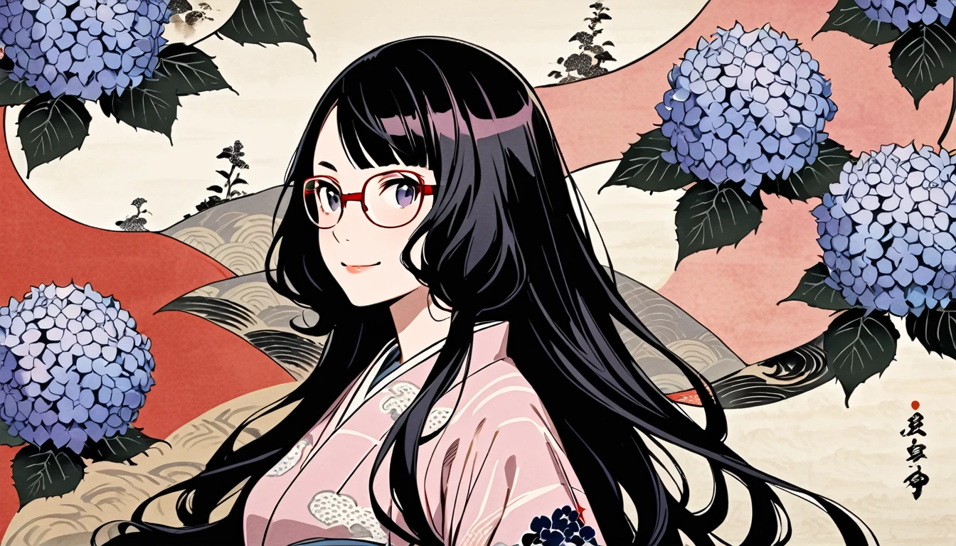 Highest quality, Katsushika Hokusai, Ink Painting, (((very straight longhair))), (((hydrangea))), (((Pale pink yukata))), (((Glasses))), headphone, beautiful girl, Black Hair, Delicate and precise, Modern ukiyo-e style, smile