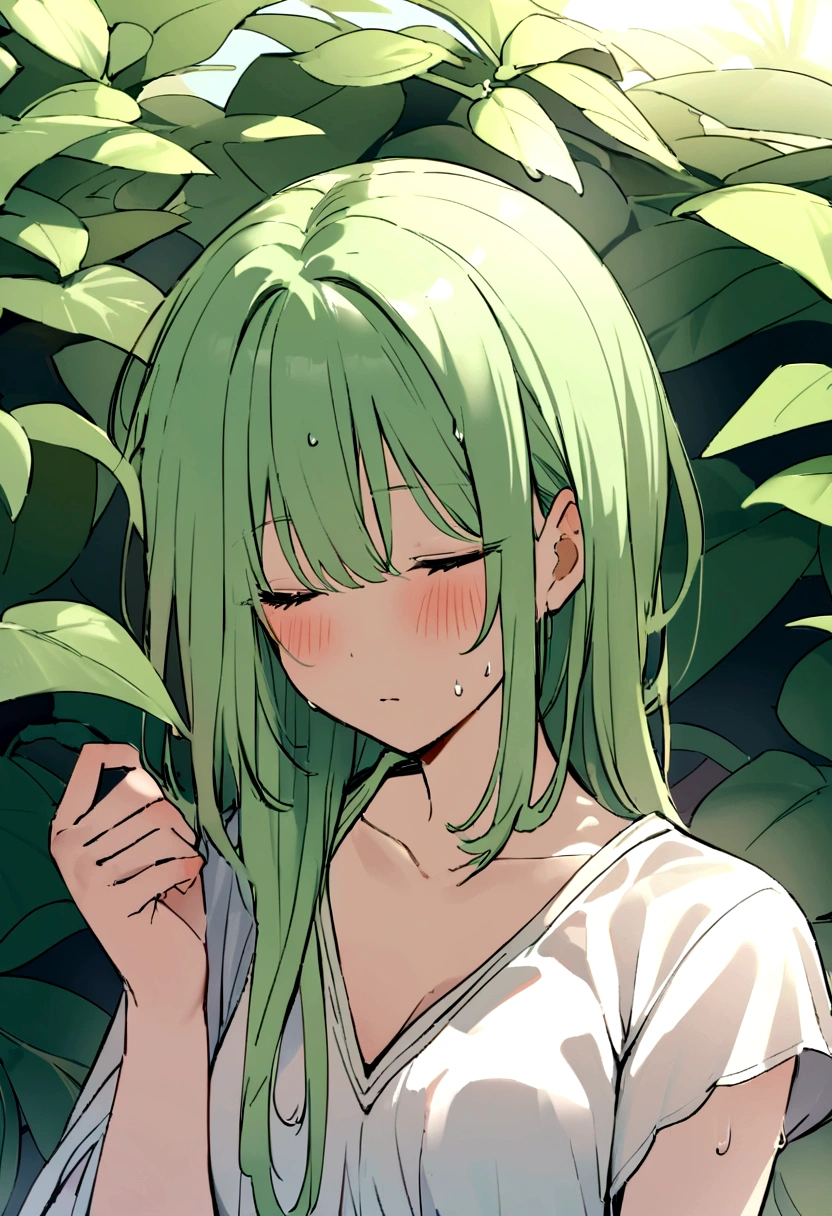 girl, beautiful, curly hair, long hair, yellow eyes, green hair, breasts, crying, tears