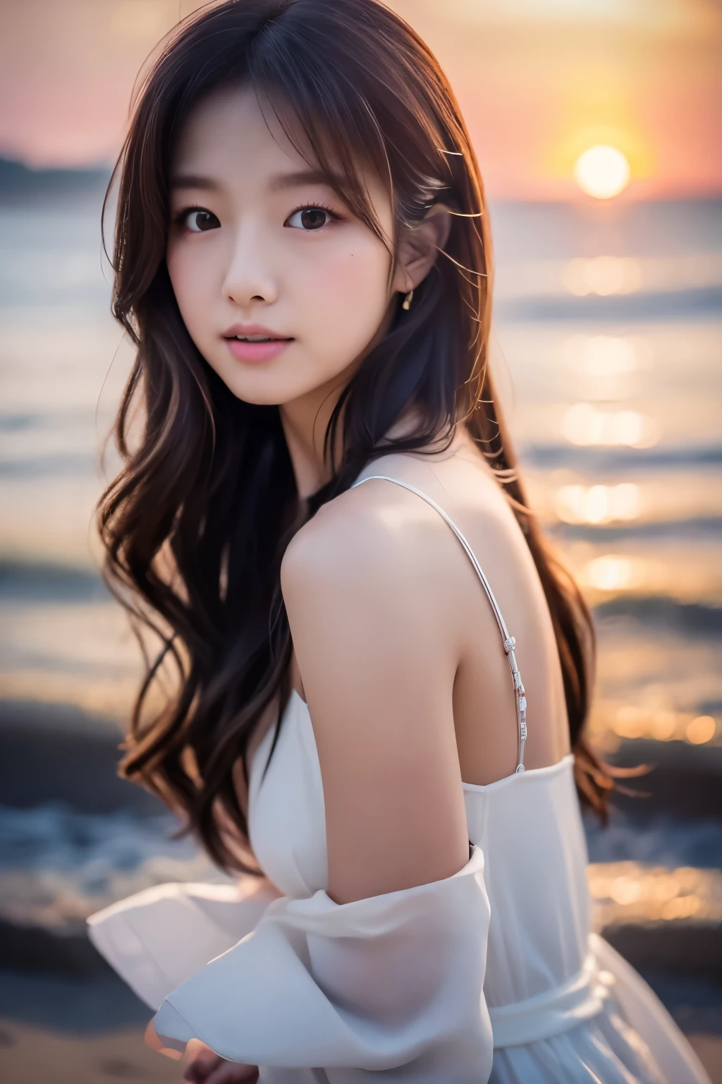 Create a high-quality, hyper-realistic portrait of a very beautiful Japanese idol. She is wearing a clean white summer dress and is squatting on the beach during sunset at sea. The deep indigo of the night sky contrasts with the last vestiges of crimson near the horizon, with swaying waves in the background. The girl has semi-long hair and a slender body with small breasts. The photo should capture her with detailed eyes, a detailed face, and a beautiful, sophisticated nose. The image should have a realistic, delicate, and finely detailed quality, suitable for a fashion magazine cover. Use cinema lighting and soft light to enhance her features. Ensure the photo is of the highest quality, with a resolution of 8K, making it perfect for a 2K wallpaper.