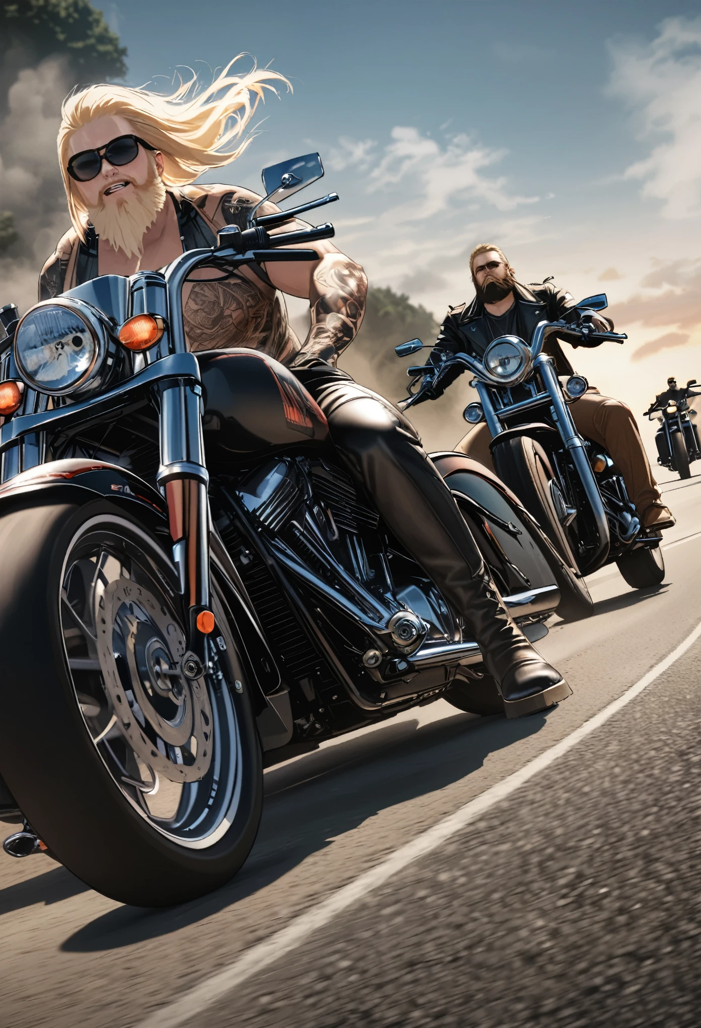 best quality, super fine, 16k, incredibly absurdres, extremely detailed, 2.5D, delicate and dynamic depiction, huge group of Harley riders, blondes, beards, tattoos, leather clothing, the roads of the American Midwest