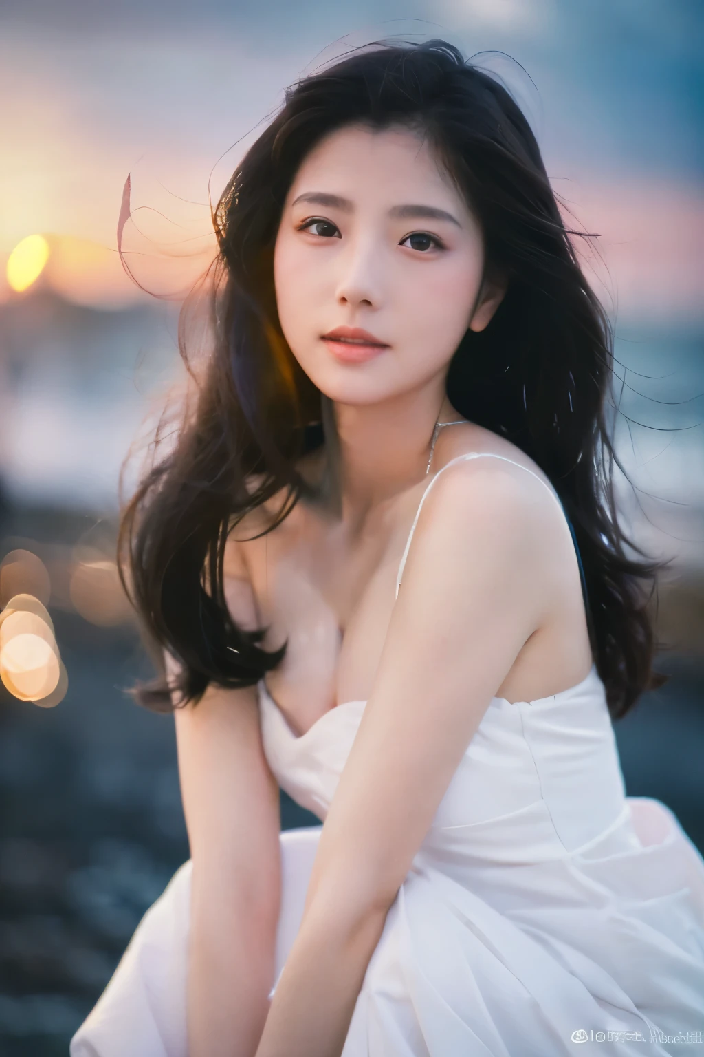 Create a high-quality, hyper-realistic portrait of a very beautiful Japanese idol. She is wearing a clean white summer dress and is squatting on the beach during sunset at sea. The deep indigo of the night sky contrasts with the last vestiges of crimson near the horizon, with swaying waves in the background. The girl has semi-long hair and a slender body with small breasts. The photo should capture her with detailed eyes, a detailed face, and a beautiful, sophisticated nose. The image should have a realistic, delicate, and finely detailed quality, suitable for a fashion magazine cover. Use cinema lighting and soft light to enhance her features. Ensure the photo is of the highest quality, with a resolution of 8K, making it perfect for a 2K wallpaper.