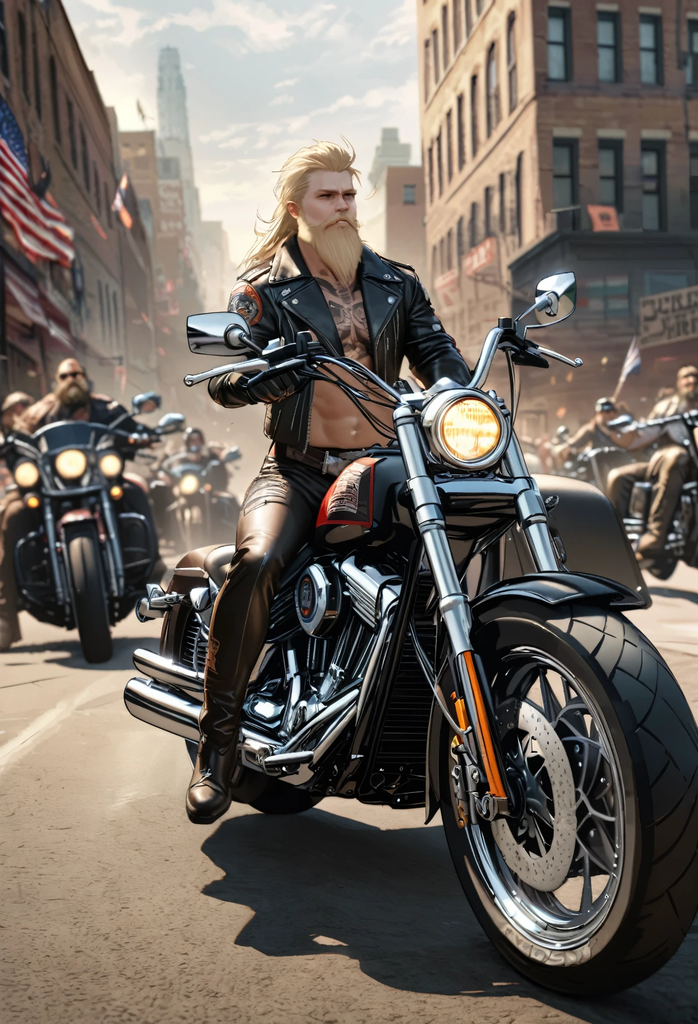 best quality, super fine, 16k, incredibly absurdres, extremely detailed, 2.5D, delicate and dynamic depiction, huge group of Harley riders, blondes, beards, tattoos, leather clothing, the roads of the American Midwest