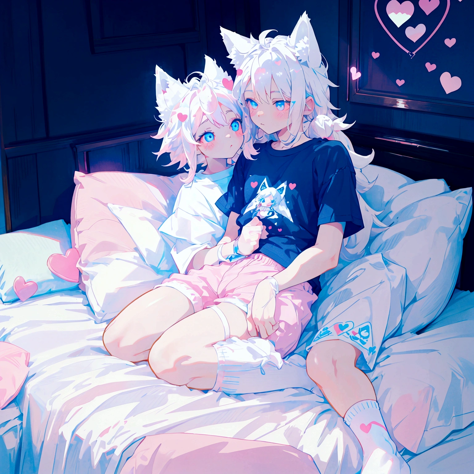 a cute adult male with wolf ears long white hair and a fluffy wolf tail, wearing pink micro shorts and a tight t-shirt with a heart logo on it, has glowing blue eyes, has very squishy thighs, wearing white thigh high socks, kawaii, on bed relaxing surrounded by plushies