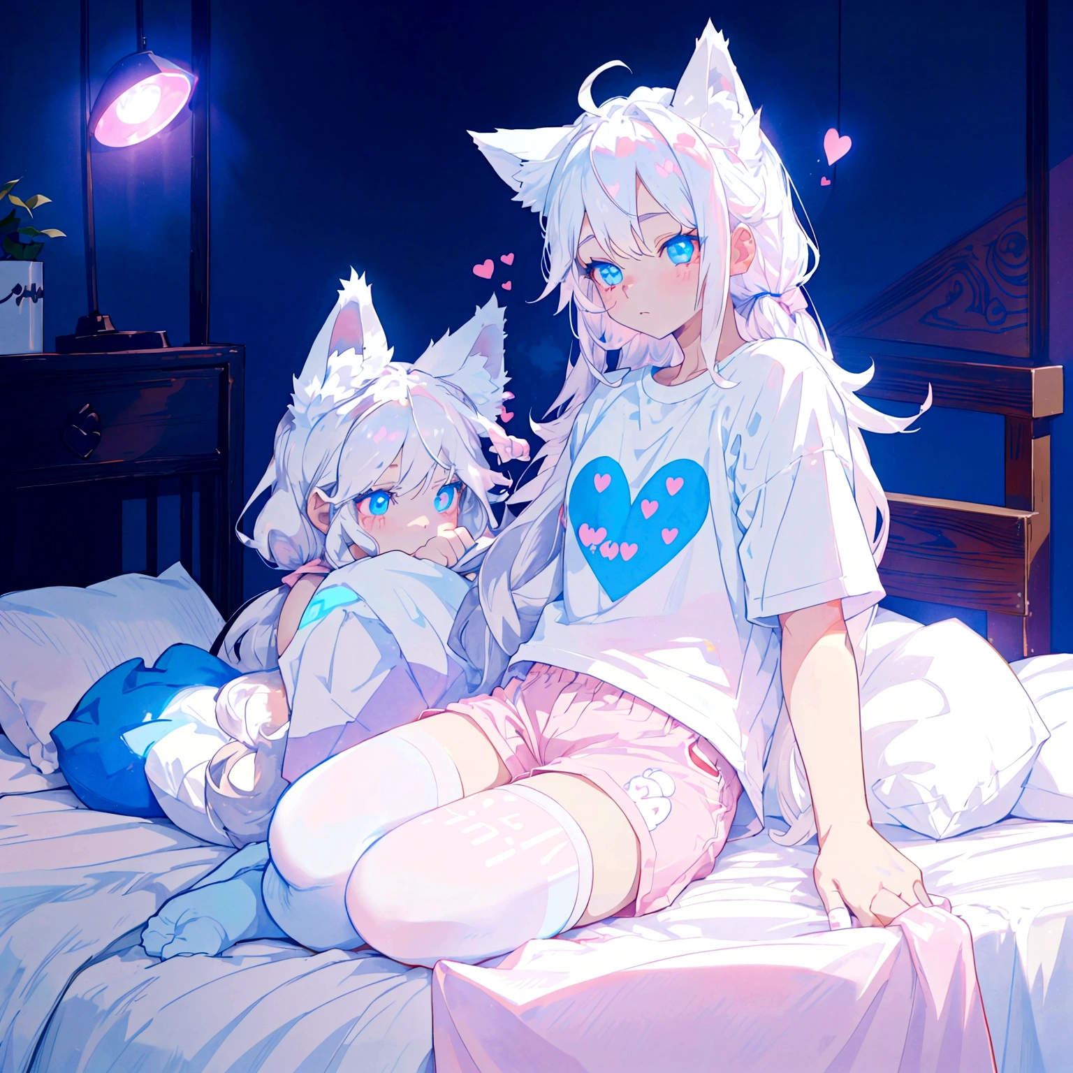 a cute adult male with wolf ears long white hair and a fluffy wolf tail, wearing pink micro shorts and a tight t-shirt with a heart logo on it, has glowing blue eyes, has very squishy thighs, wearing white thigh high socks, kawaii, on bed relaxing surrounded by plushies