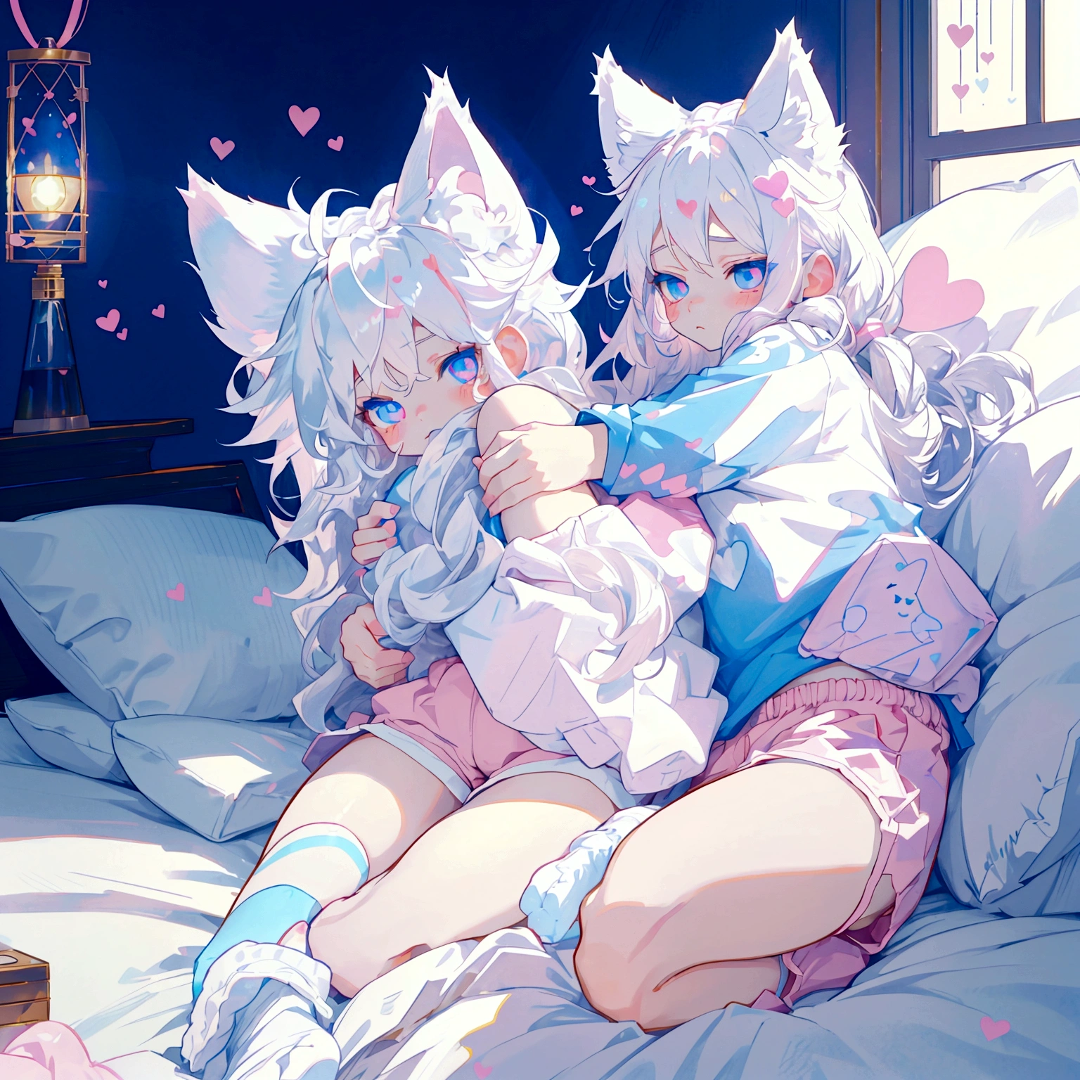 a cute adult male with wolf ears long white hair and a fluffy wolf tail, wearing pink micro shorts and a tight t-shirt with a heart logo on it, has glowing blue eyes, has very squishy thighs, wearing white thigh high socks, kawaii, on bed relaxing surrounded by plushies