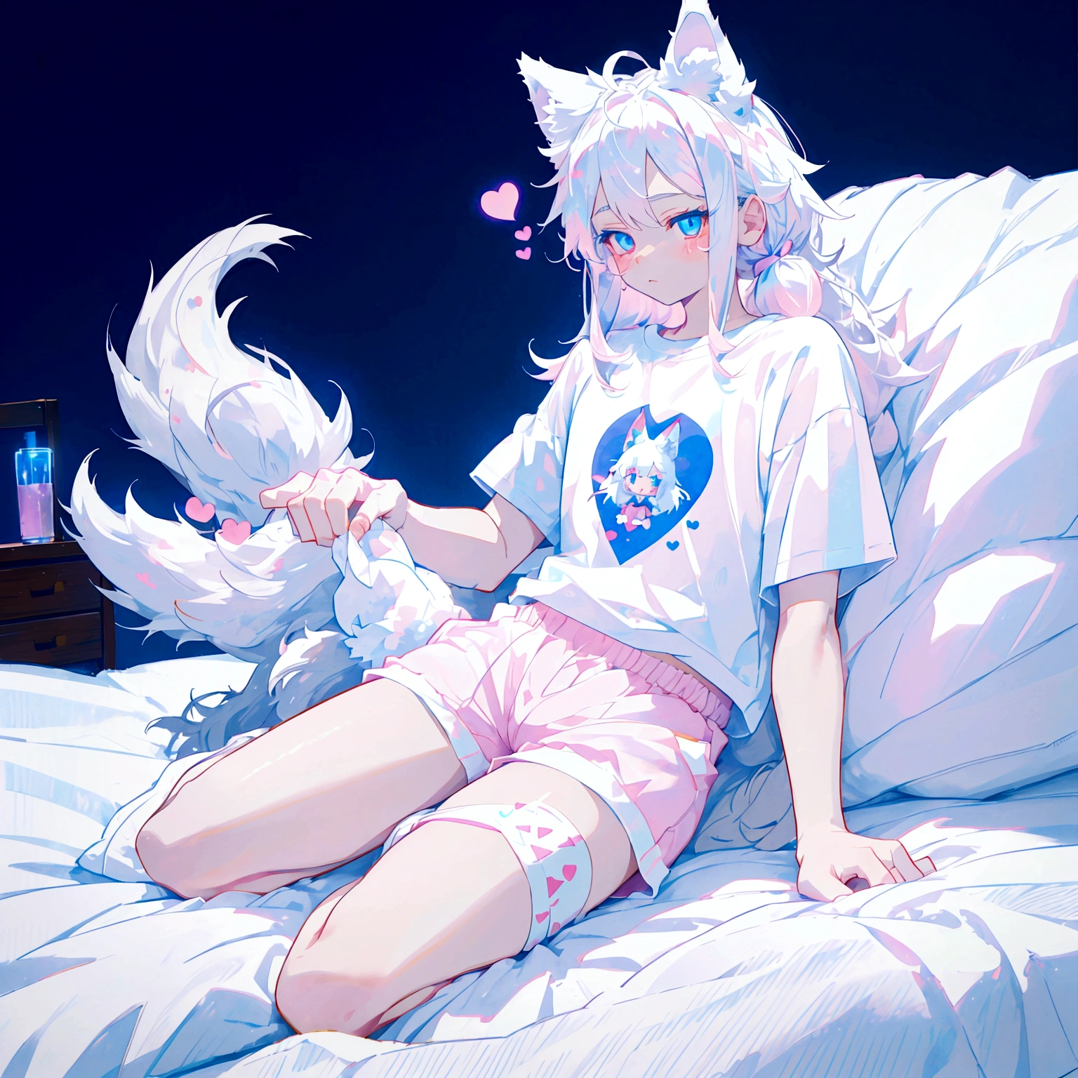 a cute adult male with wolf ears long white hair and a fluffy wolf tail, wearing pink micro shorts and a tight t-shirt with a heart logo on it, has glowing blue eyes, has very squishy thighs, wearing white thigh high socks, kawaii, on bed relaxing surrounded by plushies