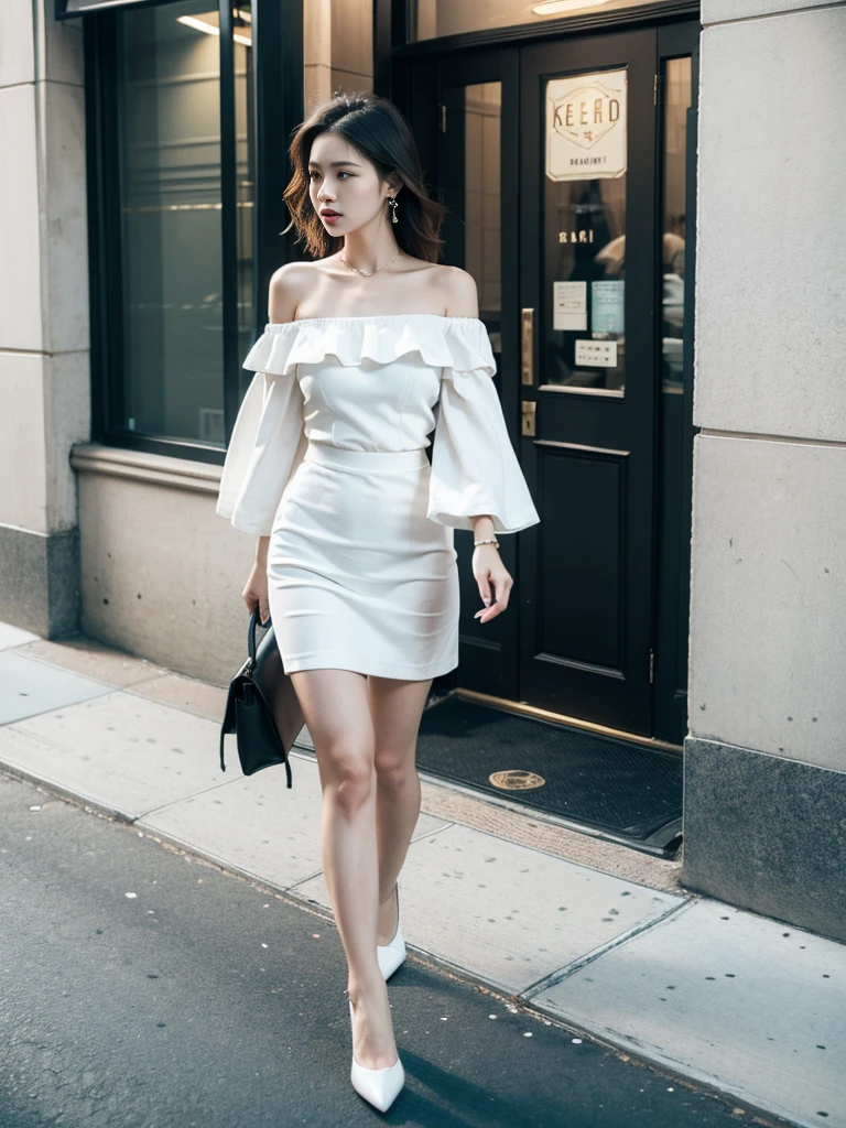 (A woman walking through the streets of New York),realistic, High resolution, soft light,1 female, alone,(off shoulder white dress,flare skirt) hip up, (detailed face), jewelry, street wear, Eyes that invite the viewer, spouse'point of view, attractive appearance, sexy smile, perfect style, perfect balance, fine skin, naughty look, I can see your breasts